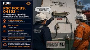PSC FOCUS: 04103 - Emergency, lighting, batteries and switches_Emergency light unit on forward face of engine casing ('A'-deck) inoperative under test. 
