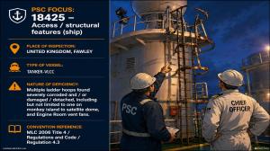 PSC FOCUS: 18425 - Access / structural features (ship)_Multiple ladder hoops found severely corroded and / or damaged / detached, including but not limited to one on monkey island to satellite dome, and Engine Room vent fans. 