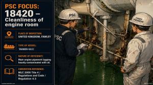 PSC FOCUS: 18420 - Cleanliness of engine room - Main engine pipework lagging heavily contaminated with oil. 