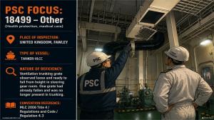PSC FOCUS: 18499 - Other (Health protection, medical care) - Ventilation trunking grate observed loose and ready to fall from height in steering gear room. One grate had already fallen and was no longer present in trunking. 
