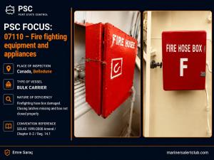 PSC FOCUS: 07110 – Fire fighting equipment and appliances: Firefighting hose box damaged. Closing latches missing and box not closed properly. 