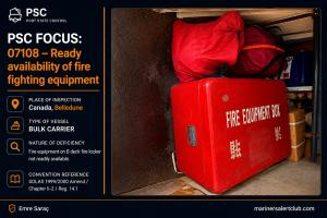 PSC FOCUS: 07108 – Ready availability of fire fighting equipment: Fire equipment on B deck fire locker not readily available. 