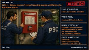 PSC FOCUS: 07114  - Remote means of control (opening, pumpts, ventilation, etc.) - Machinery Spaces - Emergency stop for machinery ventilation and fuel/oil pumps was found inoperative. 