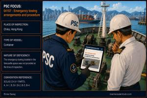 PSC FOCUS: 04107 - Emergency towing arrangements and procedure - The emergency towing booklet in the forecastle space was not provided at the time of inspection. 