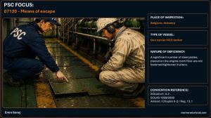 PSC FOCUS: 07120 - Means of escape - A significant number of steel plates, placed on the engine room floor are not fastened/tightened in place. 